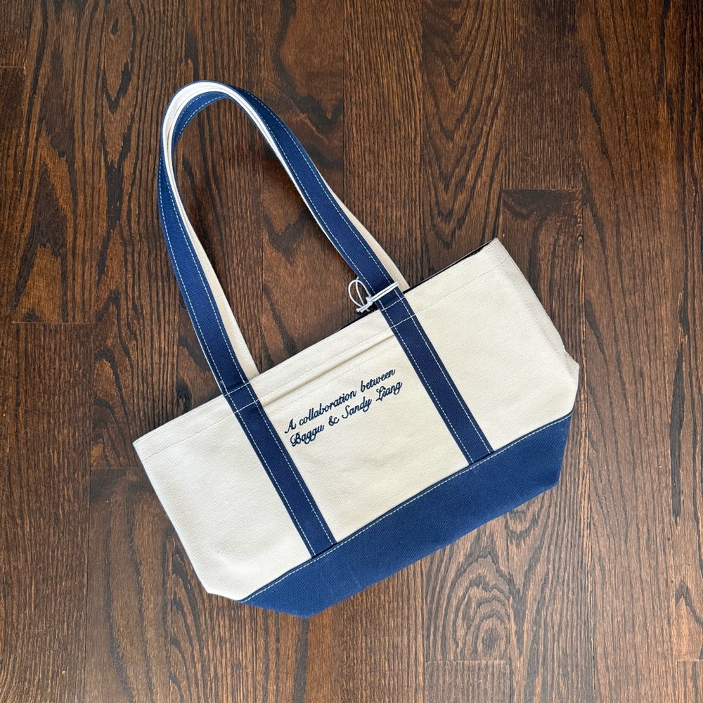 Sandy Liang Navy and Cream Canvas Tote